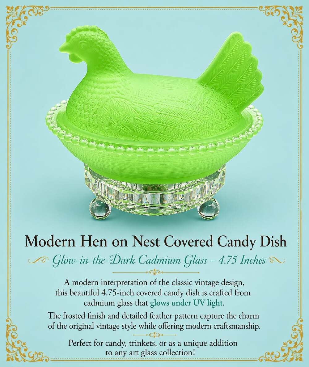 Modern Hen on Nest Covered Candy Dish in Glow-in-the-Dark Cadmium Glass